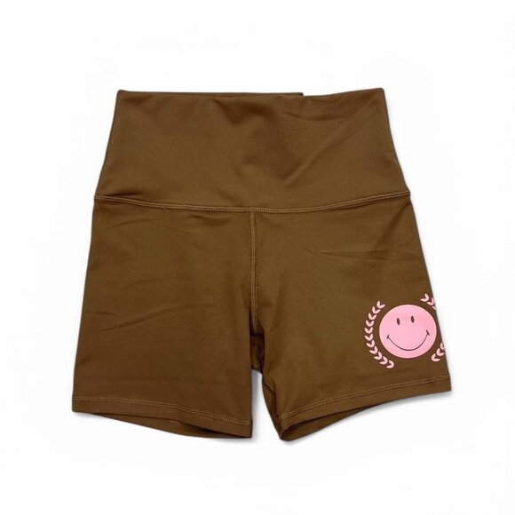 Aerie NWT The Hugger Biker Short‎ 5” Brown Smiley Face Medium Activewear - Picture 1 of 6